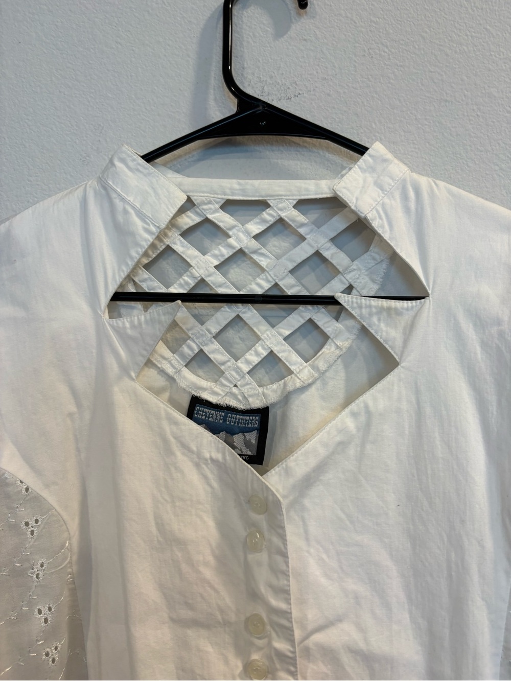 Vintage White Eyelet Western Blouse Lattice Back Cottagecore XL